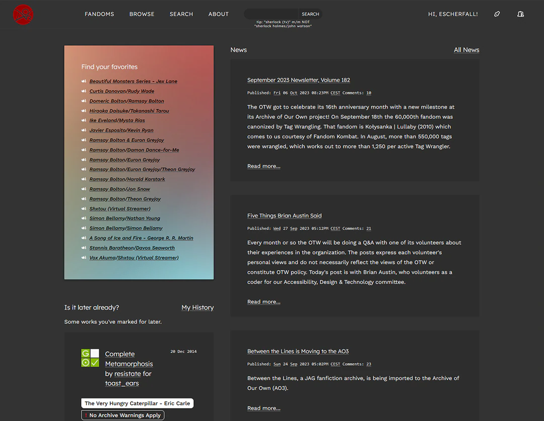 Screenshot of an AO3 user dashboard with a custom skin applied to it. It has is a dark, low contrast, modern flat design theme with a handful of playful design elements.