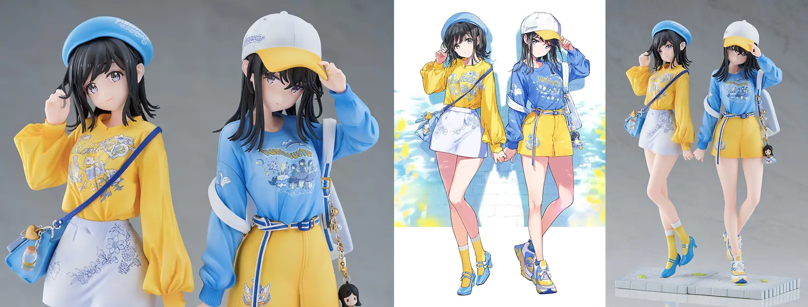 Official photographs and the source illustration: Two girls in blue and yellow outfits holding hands by their pinkies.
