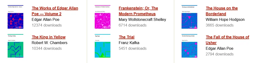 A screenshot of books on Project Gutenberg. The covers center presumably randomly generated combinations of shapes in bright primary and secondary colors.